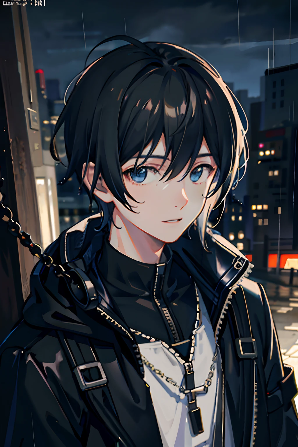 1boy, Jacket, Rain, plein air, Sweatshirt, Open jacket, chain, backpack, Looking At Other, hair messy, Trending in art stations, 8K resolution, Highly detailed, Anatomically correct, Sharp Image, Digital Painting, Concept art, Pixiv Trends, Shinkai Makoto style,hoods