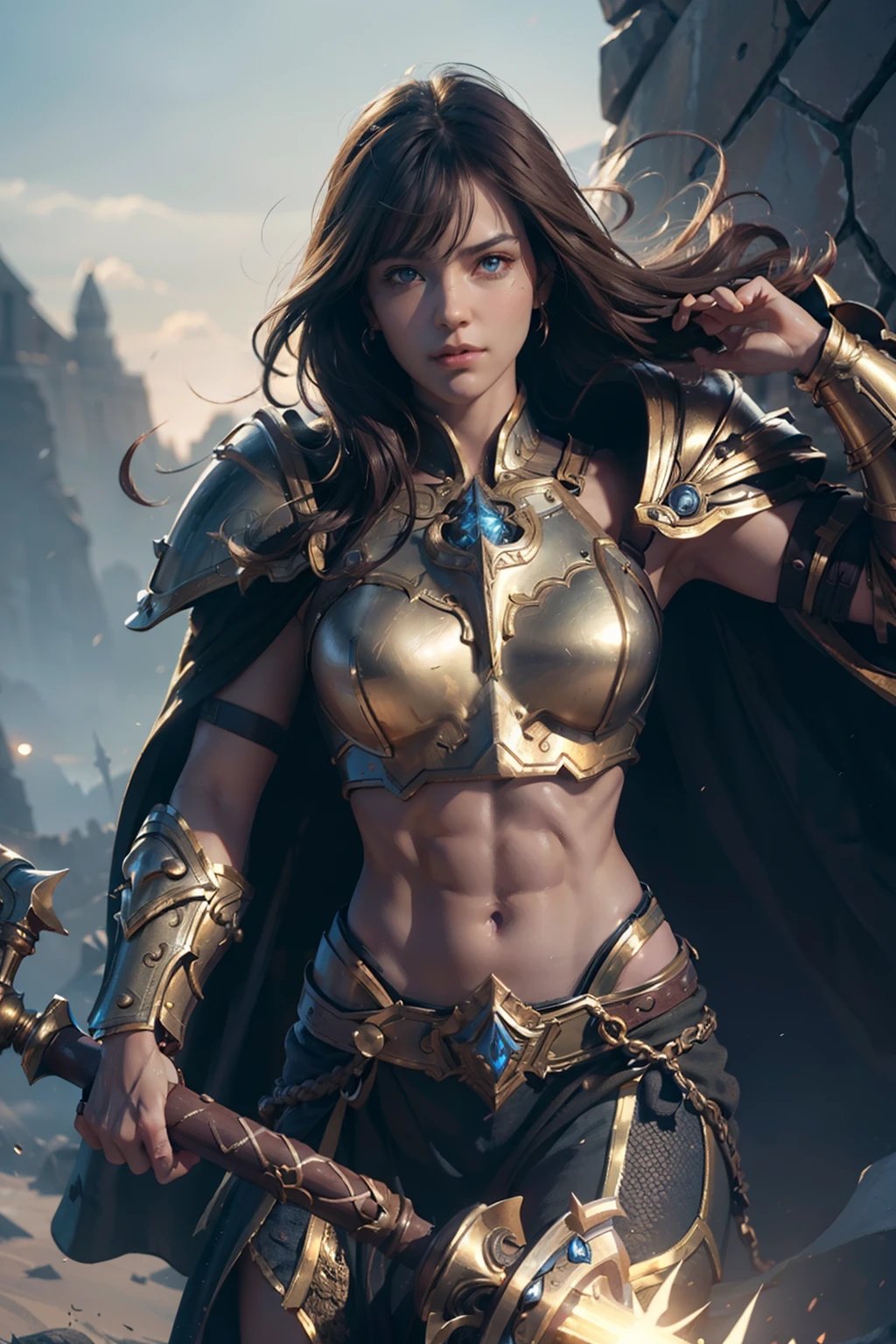 (((Well toned abs))), 8K, Ultra Definition, of the highest quality, (Very detailed), Dynamic angles, mysterious look, Wind-effect, Fantasy background, Rim lighting, Cinematic lights, Ultra High Resolution, 8K UHD, Film grain, better shadows, Gentle, raw, light Particle, Detailed skin texture, detailed armor texture, Detailed face, Intricate details, super detailed, Bright, Strong, golden armour, (Holding hammer), Slashing, Crushing action, pauldron, Long cape, Fantasy, (Realistic), Shoulder Armor, Convoluted, with an intricate, Perfect Lighting, watching viewer, Cinematic lighting, Flying Keywords: Flying, Holy Light, Vibrant, Bangs, Wind, Paladin