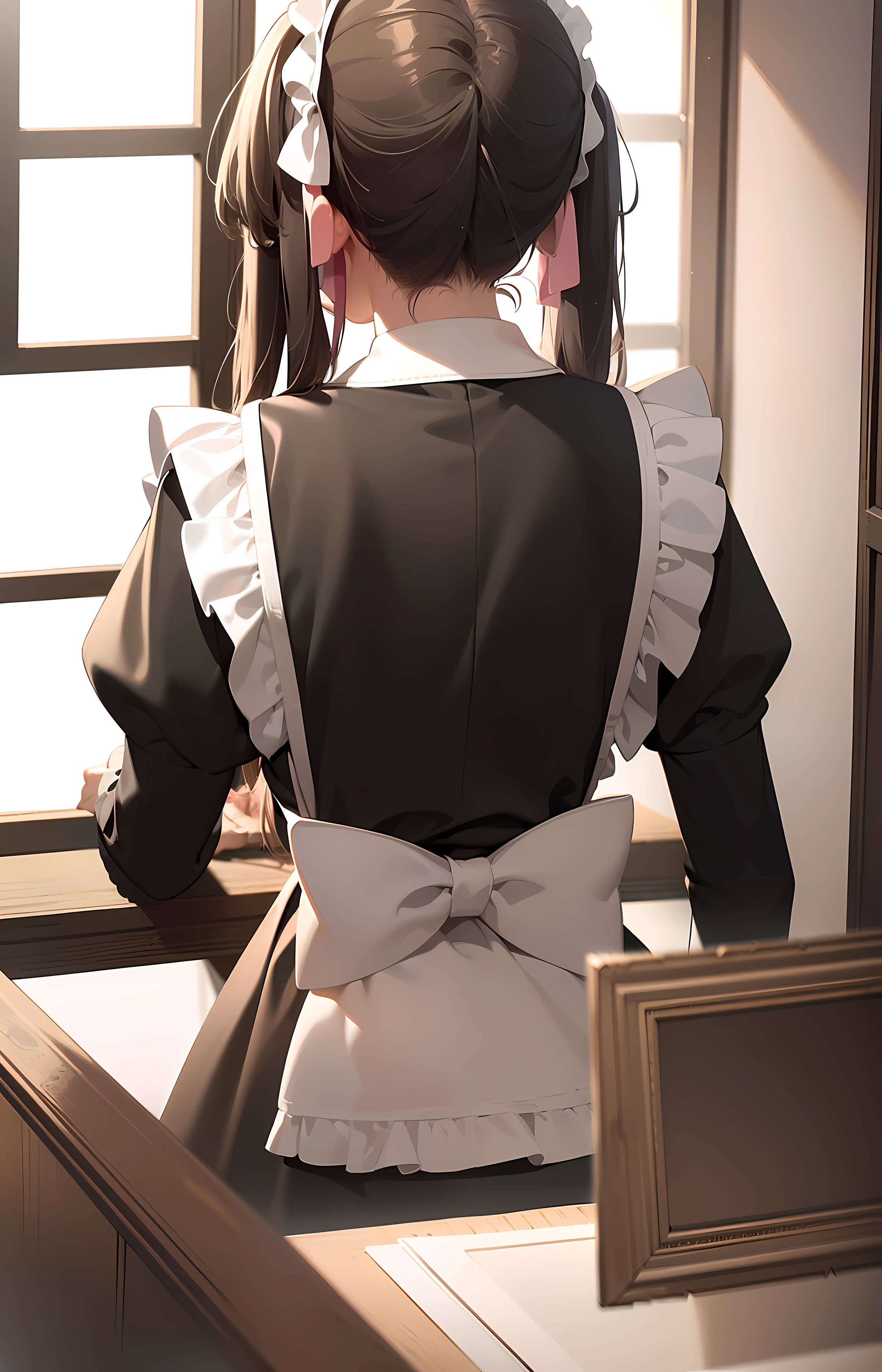 Anime girl in maid outfit looking out window at her reflection - SeaArt AI