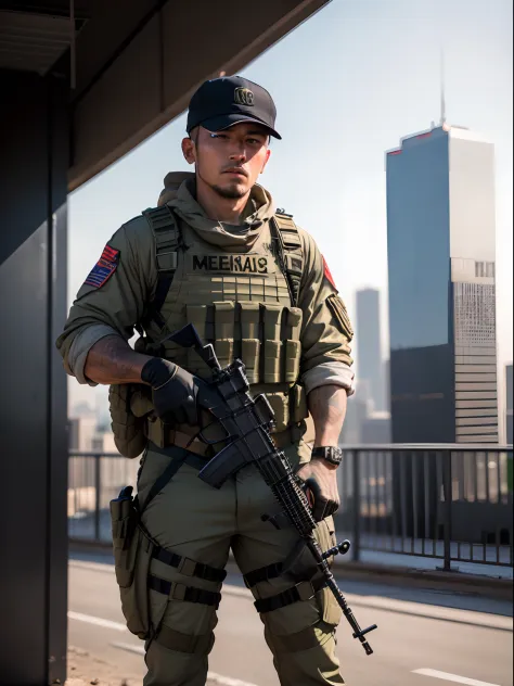 1man, male focus, foreign mercenary, m4a1, danger atmosphere, holding weapon, city backdrop, masterpiece, best quality, depth of field