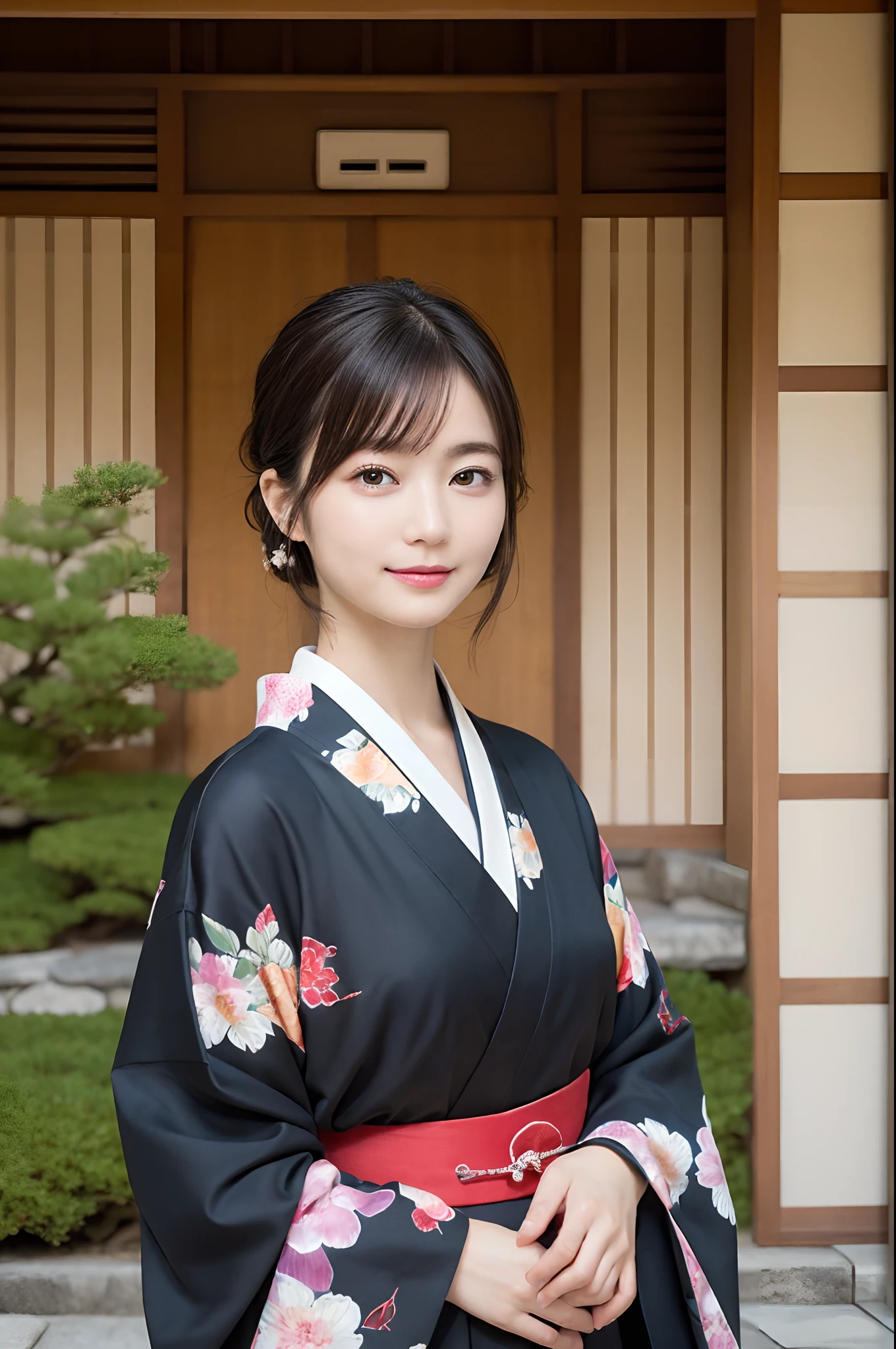 Masterpiece, Best Quality, ((1womanl)), illstration, Ultra-detailed, finely detail, hight resolution, 8K quality wallpapers, Perfect dynamic composition, Beautiful detailed eyes, Kimono, Well-formed kimono appearance, (Black shorthair), A slight smil, Looking at the camera, Kyoto Uzumasa Studio Park, Japan castle town, Japanese garden, Tea room, Tea ceremony
