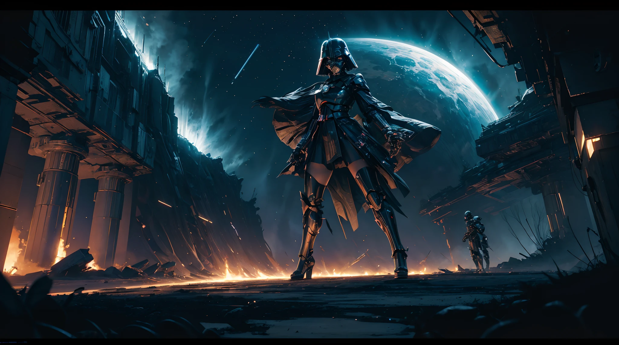 (masterpiece, high resolution, illustration:1.3), the extraordinary fusion of Darth Vader and 2B, (sleek cybernetics:1.2), iconic helmet with a feminine touch, (mystical lightsaber katana:1.1), intergalactic backdrop, stars and galaxies, (battle against androids:1.4), cosmic energy clashes, celestial battlefield, dramatic space opera, futuristic intensity, powerful emotions, cosmic duel, wide-angle view, galaxies colliding, epic encounter.