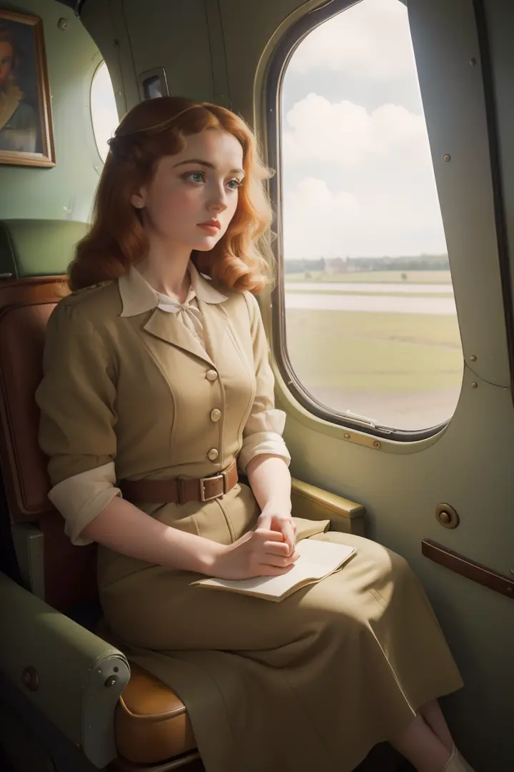 Year: 1944. Location: France. pre-raphaelite scene with a frenchwoman with honey hair sitting in a tiny poor airplane, ((terrifi...