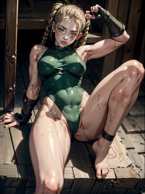 Best Quality, Masterpiece, Ultra High Resolution, rembrandt Lighting, night time, background dark, cammy street fighter, attractive, sexy singlet green outfit, seductive, sitting down on floor, extra curves, wet skin, petite breasts, white skin, legs sprea...