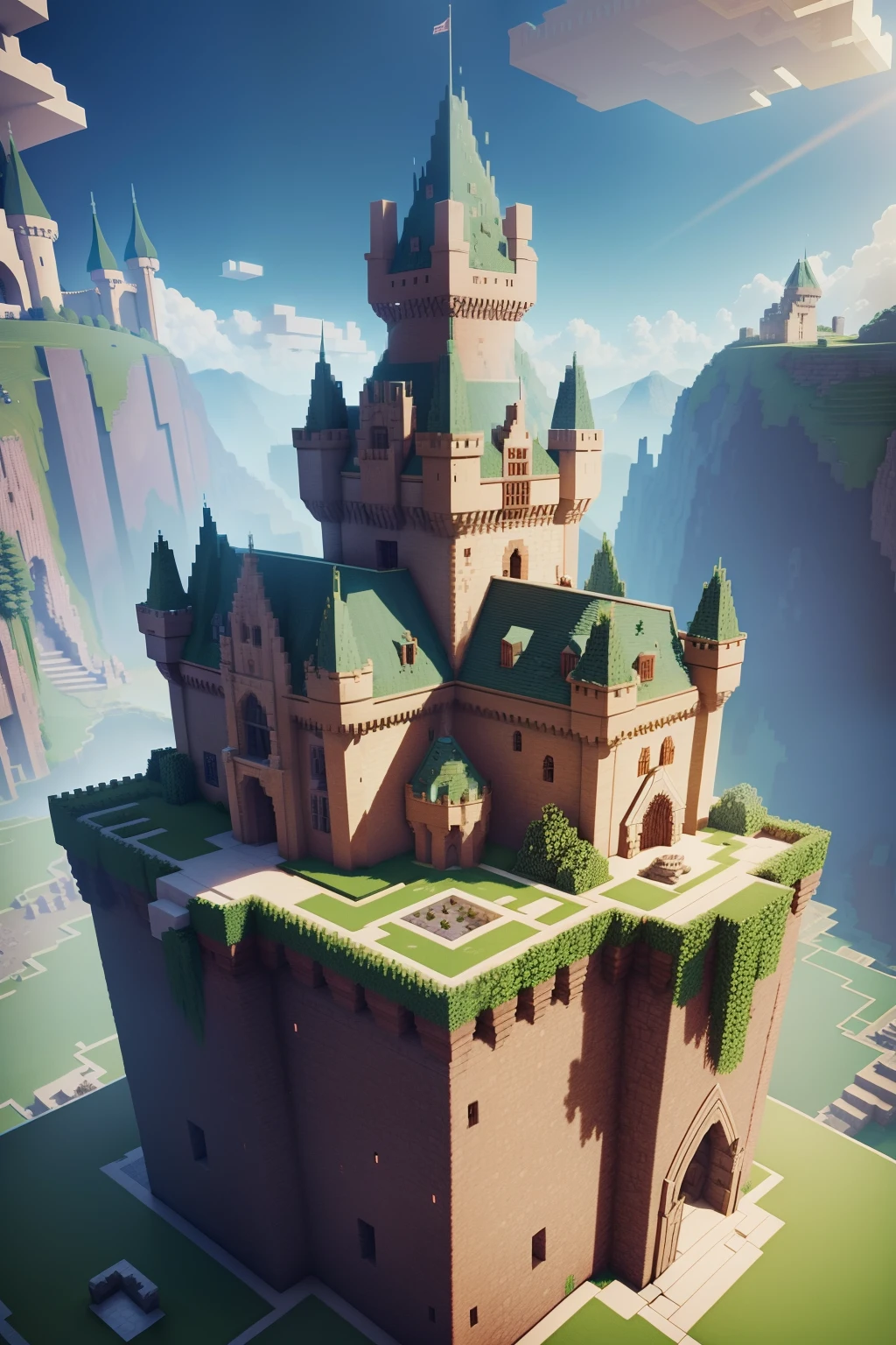 A minecraft world with a castle, the castle is made out of stone variants with a lava moat around the castle