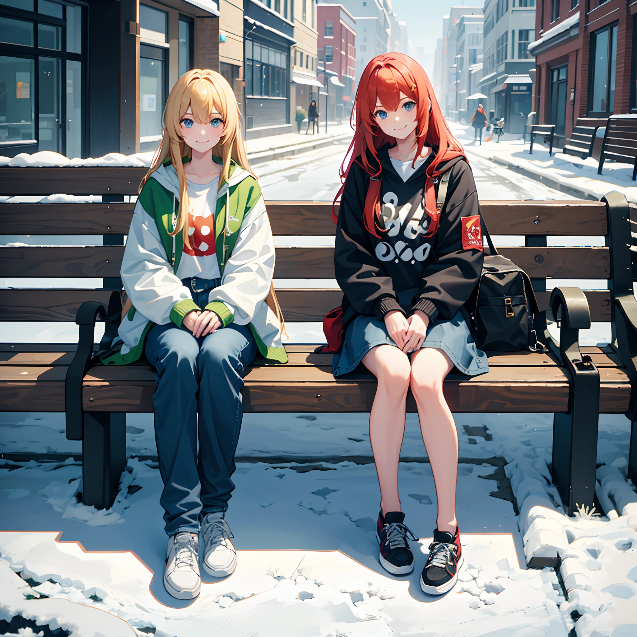 Personagens de anime sentados em um banco na neve - SeaArt AI