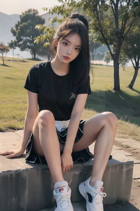 (full bodyesbian:1.5)，(1girll:1.3),(view the viewer:1.4)，(anatomy correct:1.4),(Sit on top of the hill:1.2),(wearing short skirt:1.2),( athletic sneakers :1.1),(Accurate and perfect face:1.3),(Long legs:1.3),hyper HD, Ray traching, reflective light， struct...