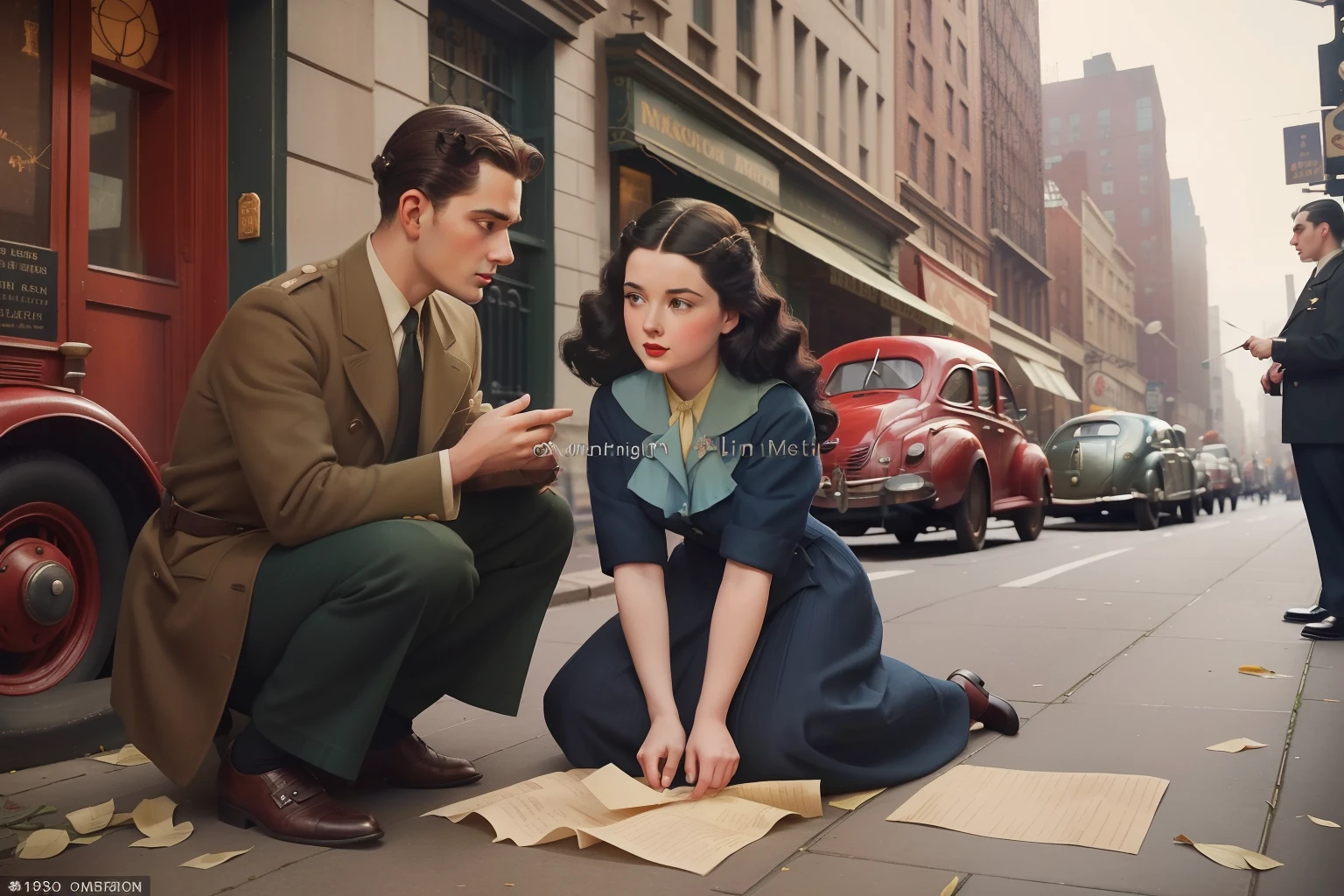 ปี: 1946. ที่ตั้ง: นิวยอร์ก. ฉากก่อนราฟาเอลกับผู้หญิงผมดำคุกเข่าอยู่บนถนนเพื่อหยิบกระดาษที่ตกหล่น, ผู้ชายที่ช่วยเธอ ((เสื้อผ้าปี 1940)) ((ทรงผมปี 1940)) ((ในรูปแบบของ "OMITB")) ((สไตล์ภาพยนตร์))
