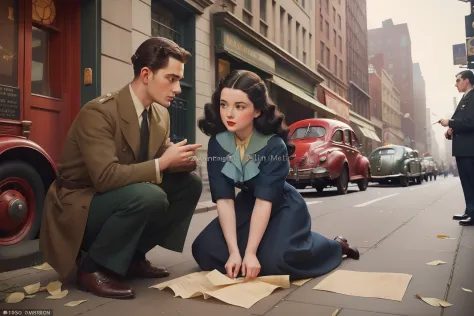 Year: 1946. Location: New York. pre-raphaelite scene with a woman with black hair kneeling in the street to pick some fallen pap...