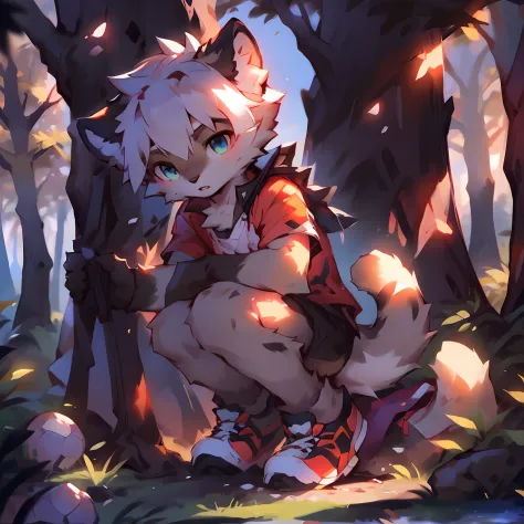 A melancholy male fox cub leans against a tree bathed in the forest bathed in the sunset，He has orange fur, bushy tail, And fluffy big ears. He wears a short white T-shirt，Black shorts and white sock running shoes，with a sunbeam coming through the trees. S...
