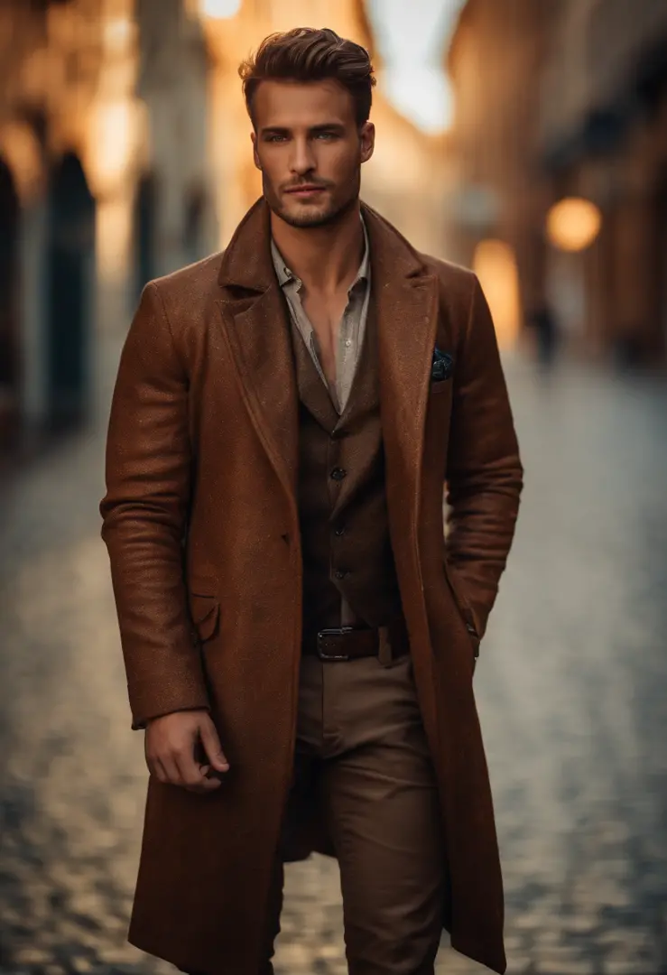 Portrait photo of a handsome male full body photo, perfect eyes, wearing a shabby mecha coat, ((light bokeh)), intricate, (steel metal [rust]), elegant, sharp focus, photo by Greg Rutkovsky, soft lighting, bright colors, masterpiece, (street)), detailed re...