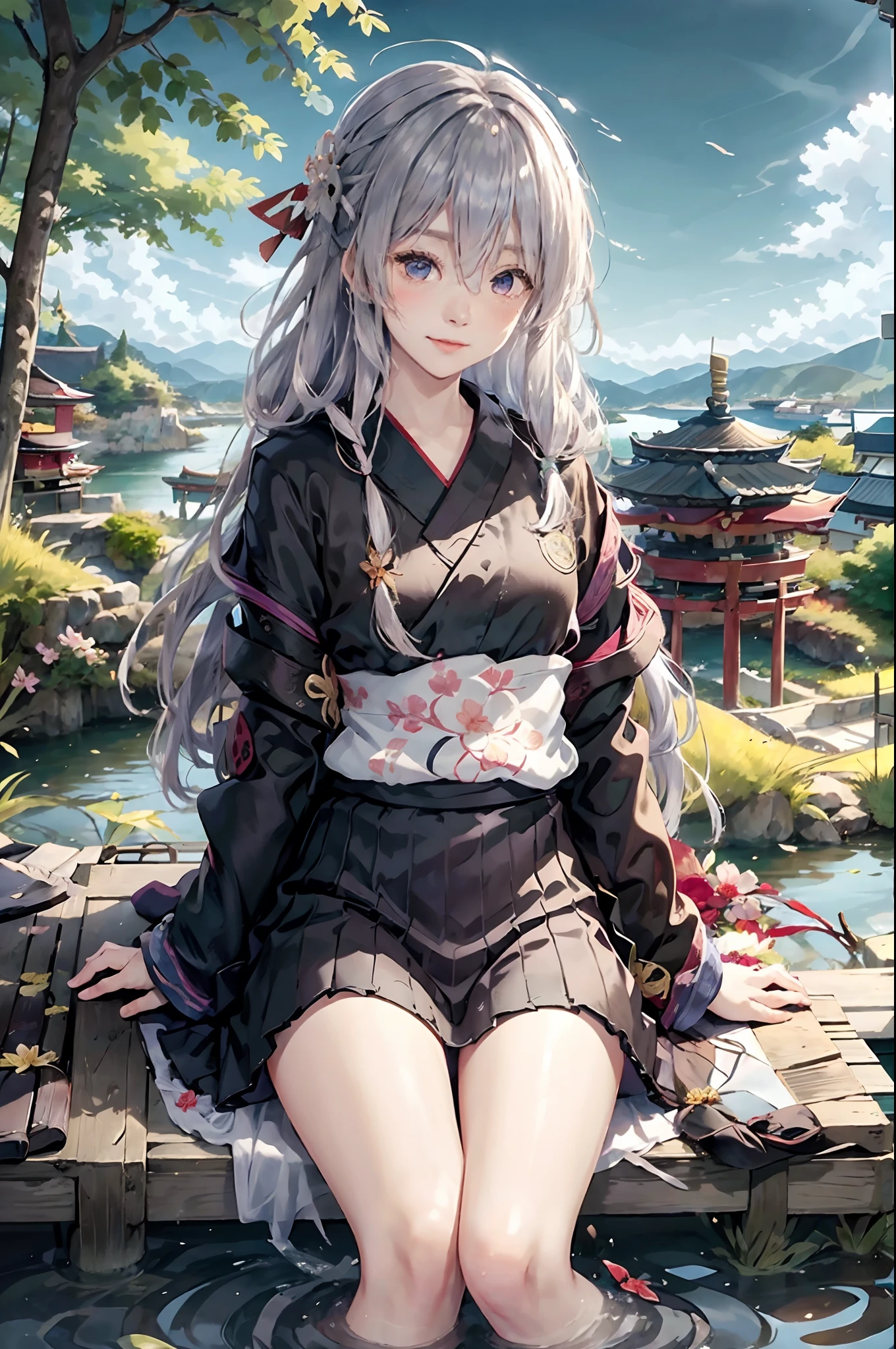 kimono, ceinture, vêtements japonais, cœur, 1fille, arbre, Day, clouD, montagne, ahogé, blue Ciel, Ciel, outDoors, seulement, cheveux longs, herbe, Séance, kimono noir, bouche ouverte, yeux bleus, eau, rivière, Élaina \(majo pas de tabitabi\), regarder le spectateur, buisson, sourire, Lac, clouDy Ciel, jupe, black jupe, pleateD jupe, frange, horizon, manches longues, cheveux argentés, :D, rougir, builDing, torii, Océan, ponD, montagneous horizon, kimono court, fleur, kimono blanc