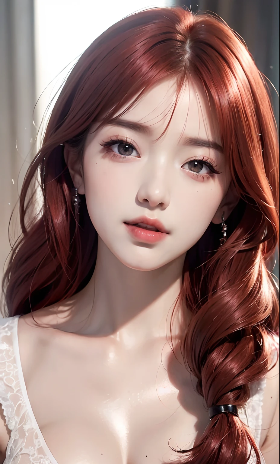 (8k, RAW photo, photorealistic:1.25) ,long red hair, ( lip gloss, eyelashes, glossy side, shiny skin, best quality, ultra-high resolution, depth of field, chromatic aberration, caustics, wide light, natural shadow, Kpop idol) Watch the audience with serenity and goddess-like happiness,