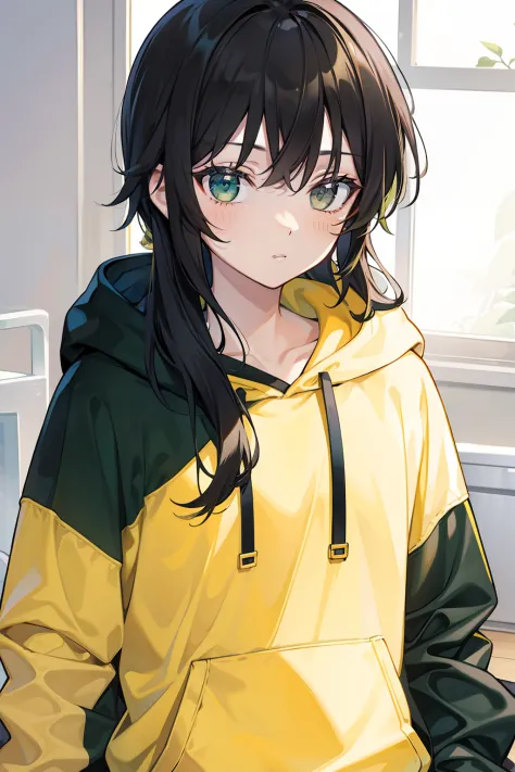 A dark-haired,Long,Yellow-green hoodie
