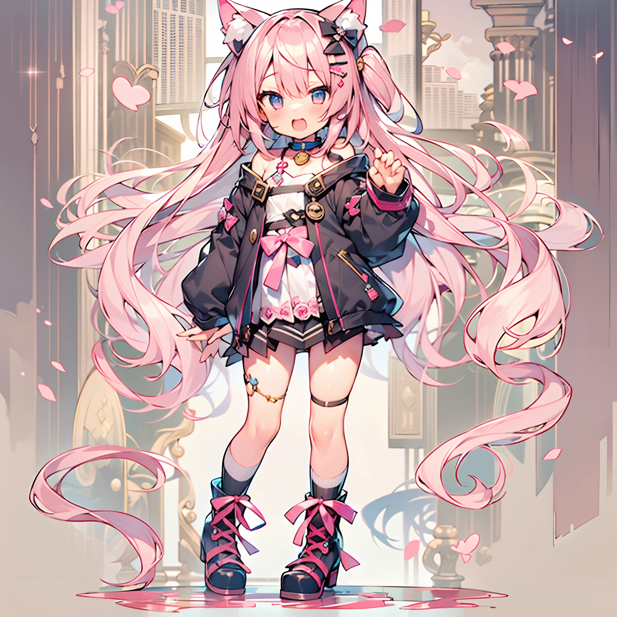 Cute girl with one cat ear、Japan anime style、Moe、（Full Picture 2.0）、（Standing Picture 2.0）、（No background 1.3）、Authentic and highly detailed body、Petite、girl with、childish、10yaers old、length hair、bangss、A pink-haired、Authentic and highly detailed face、beautiful eyes that are authentic and highly detailed,、 Authentic and very delicate arms and hands、Authentic and highly detailed human hands（5 fingers）、The most beautiful girl in the world、Delicate and beautiful pink cat eyes、Authentic skin texture、Lolita、a miniskirt、（Authentic and highly detailed pink knee-high socks 2.5）、（Authentic and highly detailed long boots 1.5）