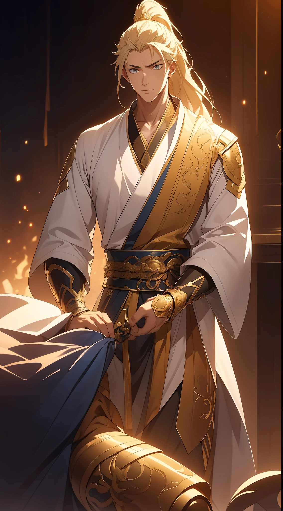 quadratic element，style of anime，mtu（Male Warrior），The proportions are correct，Face details，swordsmen，High ponytail hairstyle，Neck details，There is an Adam's apple，Blue suit，kaftan，long blue robes，clothes details，Handing over，longer sleeves，Game quality，Swordsmanship，Light and shadow tracking，Ray traching，detailed glow，cg render，hair detail，yellow long hair，blue colored eyes，Handsome，Handsome，（juvenile sense），Clothing is complicated，Perfectcomposition，Refinement，high qulity，higher details，Lots of details，The background is complex，a sense of atmosphere，