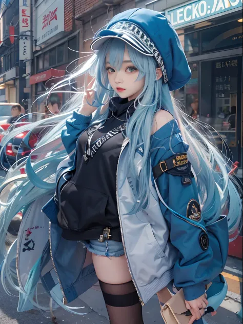 tmasterpiece，1girll，独奏，long whitr hair，blue hairs，hoody，cropped shoulders：1.2，mob cap，the street，hand on hips，hand on pockets，blackstockings