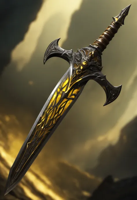 there is a pike with a yellow and black design on it, glowing yellow soul blade, glowing pike, style of pike blade, raytraced blade, glaive, shinning pike, intricate fantasy spear, war blade weapon, medievil spear, magical pike, realistic pike