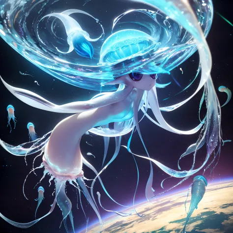 (Like a squid and jellyfish, iridescent), life form surviving in space, covered with a thin, transparent, No human,