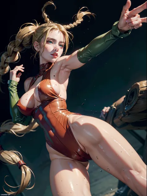 Best Quality, Masterpiece, Ultra High Resolution, rembrandt Lighting, night time, background dark, cammy street fighter, attractive, long blonde braided hair, sexy singlet vibrant green outfit, wearing red combat gloves, combat boots,  seductive, extra cur...
