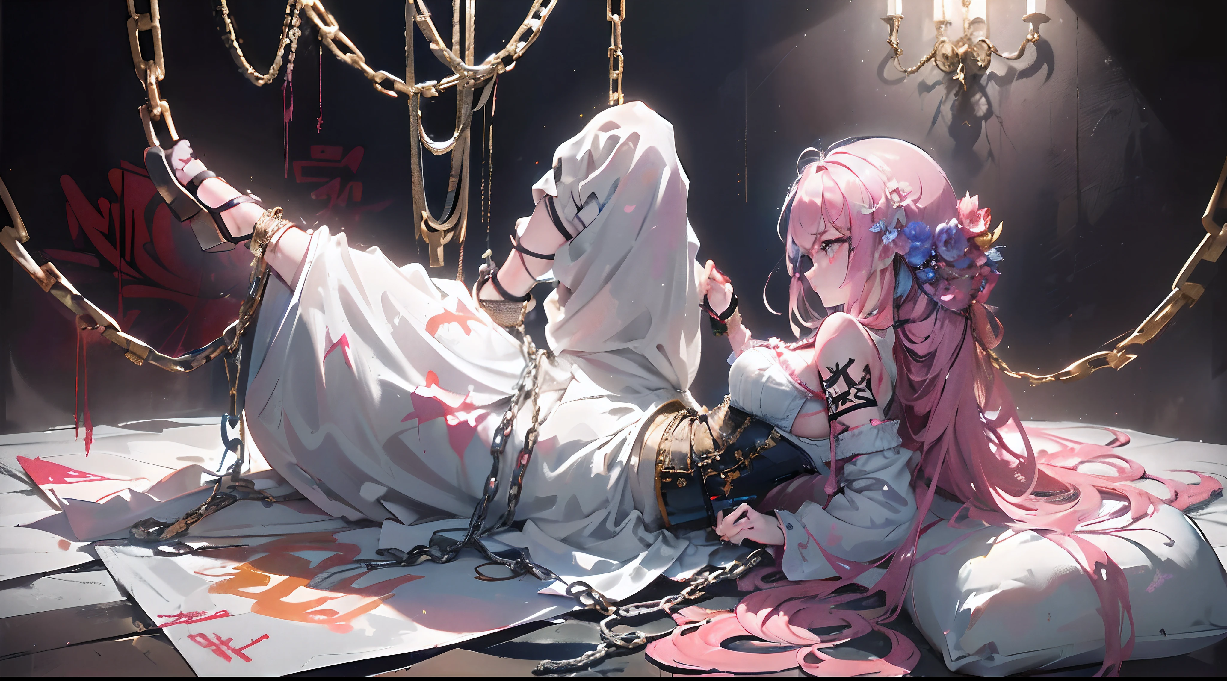 女 孩 和 墙 壁 周 围 有 很 多 锁 链:1.3), (墙 上 的 涂 鸦, 为 1 个 女 孩 涂 鸦, 彩 色 涂... 