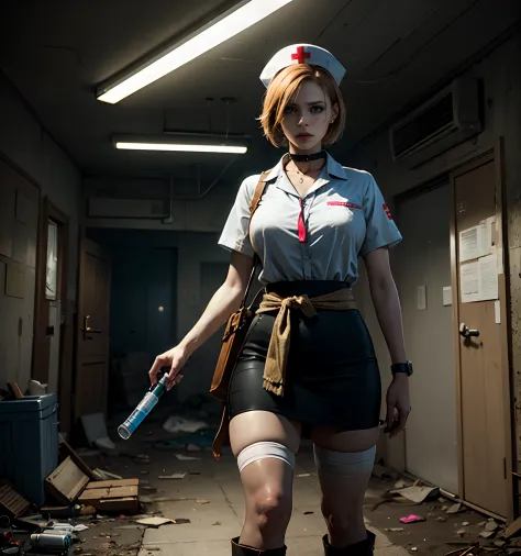 Nightingale saves people in an abandoned hospital，A huge syringe is held in one hand，She wears a nurse's cap on her head，White n...