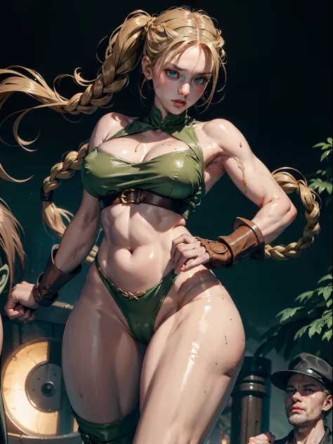 Best Quality, Masterpiece, Ultra High Resolution, rembrandt Lighting, night time, background dark, cammy street fighter, attractive, long blonde braided hair, sexy singlet vibrant green outfit, no cleavage, wearing red combat gloves, combat boots,  seducti...