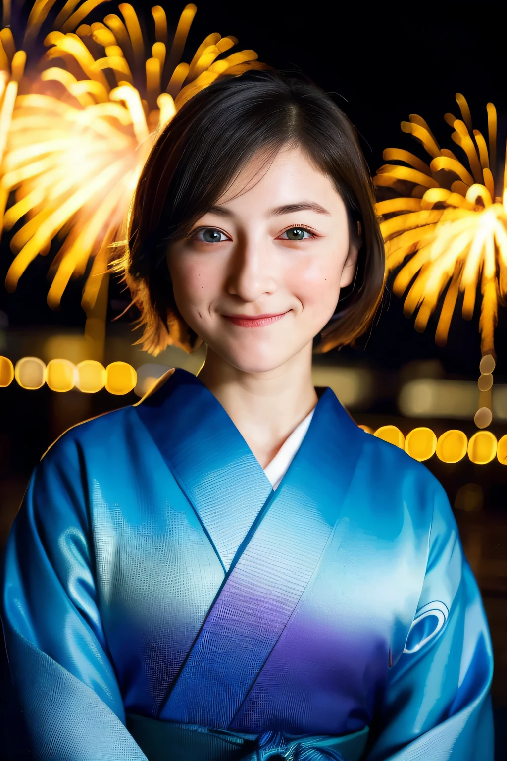 ((masterpiece, top quality, super definition, high definition)), 4K. solo, beautiful girl, shining eyes, perfect eyes, beautiful sister of Japan, blue theme, yukata, background is night fireworks