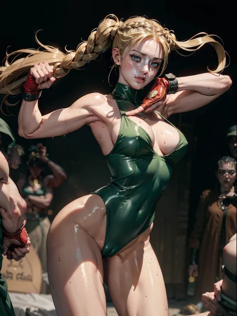 Best Quality, Masterpiece, Ultra High Resolution, rembrandt Lighting, night time, background dark, cammy street fighter, attractive, long blonde braided hair, sexy singlet vibrant green outfit, no cleavage showing, wearing red combat gloves, combat boots, ...