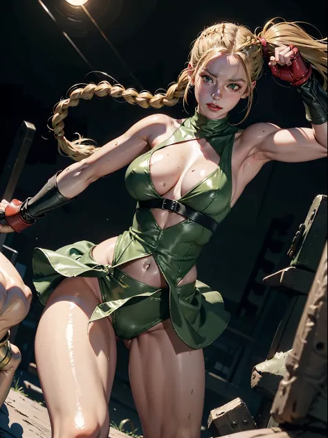 Best Quality, Masterpiece, Ultra High Resolution, rembrandt Lighting, night time, background dark, cammy street fighter, attractive, long blonde braided hair, sexy singlet vibrant green outfit, no cleavage showing, wearing red combat gloves, combat boots, ...