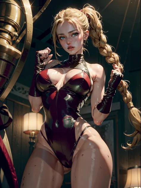 Best Quality, Masterpiece, Ultra High Resolution, rembrandt Lighting, night time, background dark, cammy street fighter, attractive, long blonde braided hair, sexy singlet vibrant green outfit, wearing red combat gloves, combat boots,  seductive, extra cur...