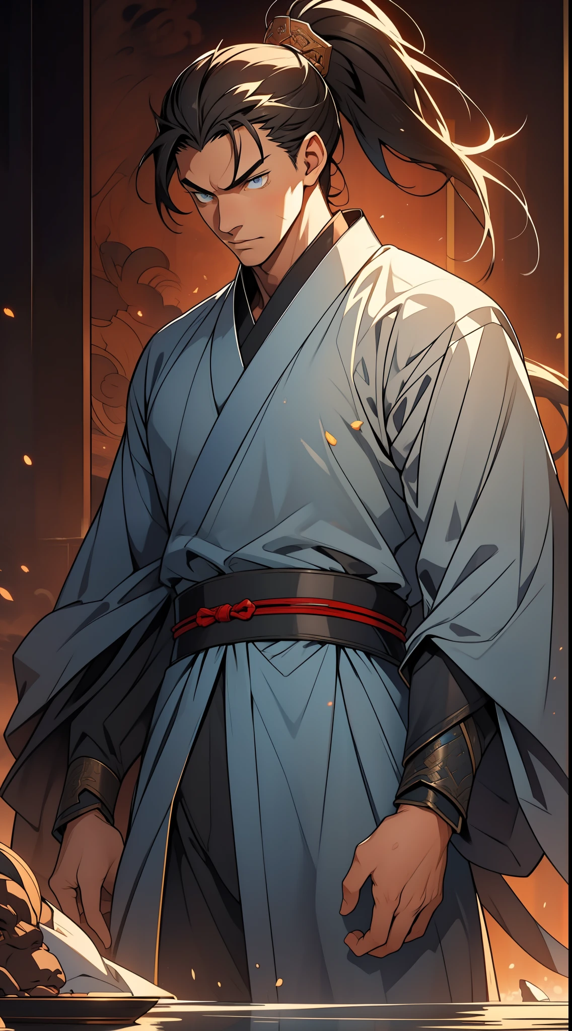 Masterpiece, Excellent, Daytime, 1 Man, Chinese Style, Ancient China, Chinese Court, Eagle, Turquoise Brown Hair, Gray-Blue Eyes, Split Hair, Long Hair, Long Bangs, High Ponytail, Handsome, Handsome, Serious, Gentle, Tall, Quiet, Dark Clothes, Gray-Blue Clothes, Dark Blue Clothes, Prince, Sword, Looking Down