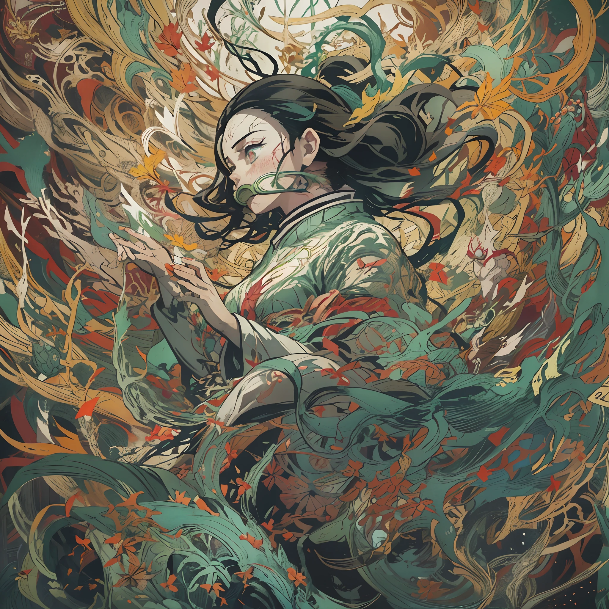 Nezuko, bamboo, bit_gag, official art, unity 8k wallpaper, ultra detailed, beautiful and aesthetic, masterpiece, best quality, (zentangle, mandala, tangle, entangle), (fractal art:1.3) , 1girl, extremely detailed, dynamic angle, cowboyshot, the most beautiful form of chaos, elegant, a brutalist designed, vivid colours, romanticism, by james jean, roby dwi antono, ross tran, francis bacon, michal mraz, adrian ghenie, petra cortright, gerhard richter, takato yamamoto, ashley wood, atmospheric, ecstasy of musical notes, streaming musical notes visible