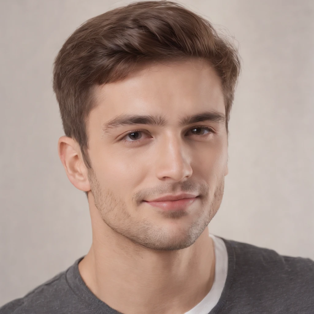 (photo: 1.3) af (realism: 1.3), male headshot, soft light, face focus, ((((white t-shirt))) happy, cheerful, smiling, warm light, ((blank background)) , profile picture, (long hair or short hair), smiling, handsome, young, , short hair, smiling