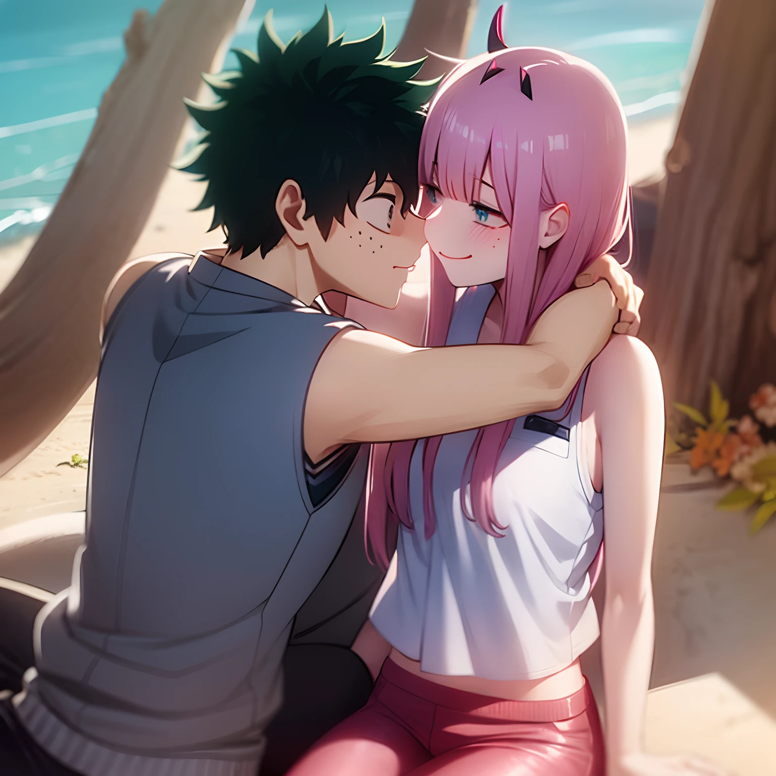 null zwei, 1 Mädchen, null zwei naked_Hemd,Weste_drucken:, izuku from bnha, izuku and null zwei being a Liebey dovey couple very affective in a beach, izuku with pants and pulLieber, Liebe , Glücklich, ,1 Mädchen, Sitzung, Kuss