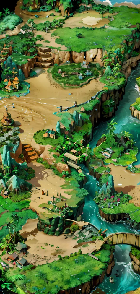 Picture of tropical island with river,Realistic landscape,Real beach, Island background, game environment design,painted as a game concept art, scenery art detailed, isometric game art, Detailed game art, stunning screenshot, jungle setting, Game map