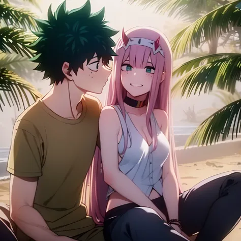 zero two, 1girl, zero two naked_shirt,vest_print:, izuku from bnha, izuku and zero two being a lovey dovey couple very affective...