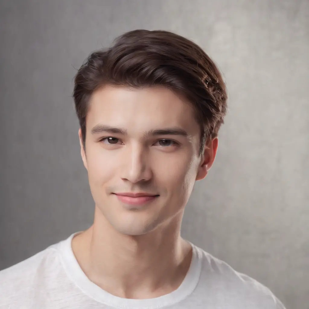 (photo: 1.3) af (photorealism: 1.3), male avatar, soft light, facial focus, (((white t-shirt))) happy, cheerful, smiling, warm light, ((solid color background)),( (gray background)). ((gray wall background)), profile picture, (long or short hair), smile, h...