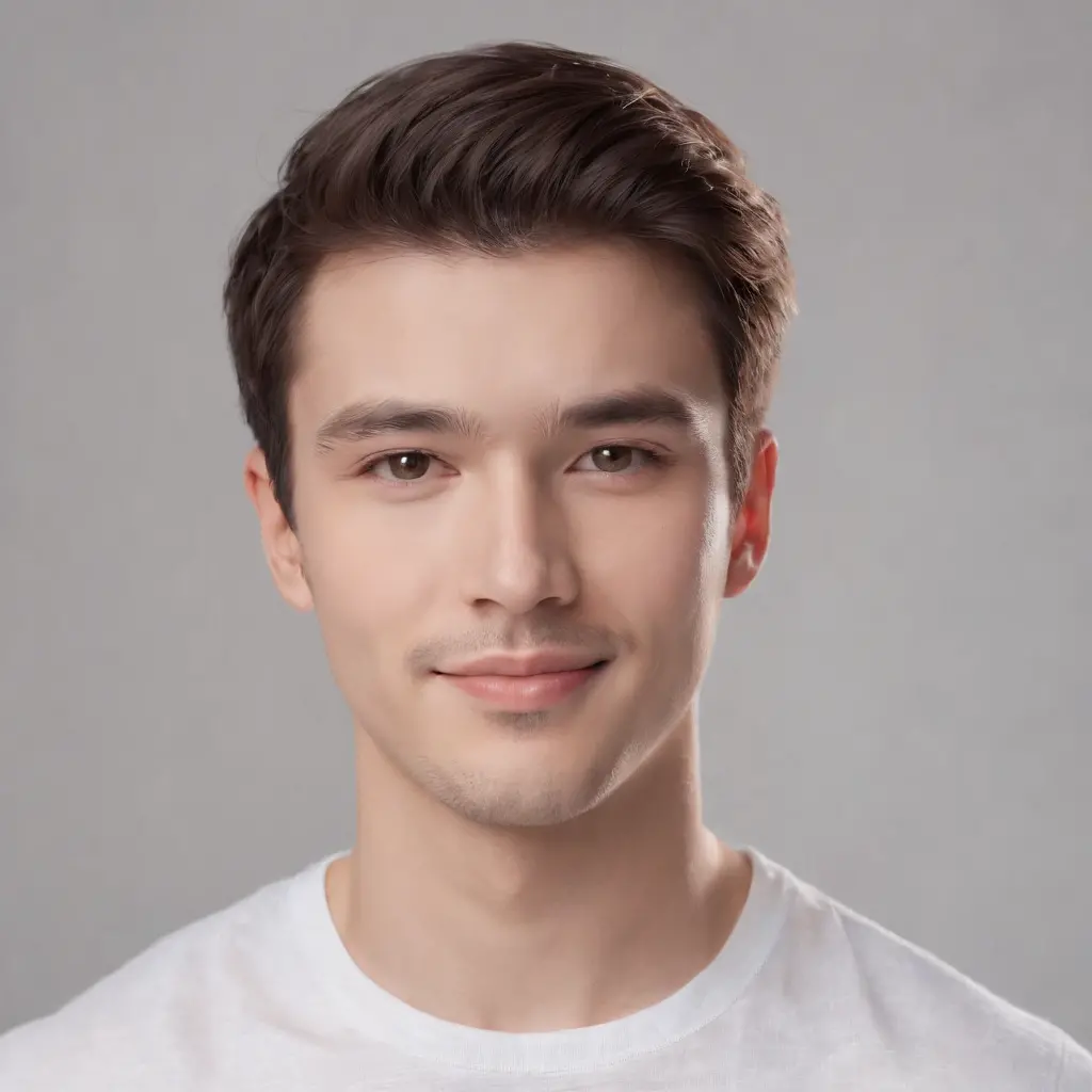 (photo: 1.3) af (photorealism: 1.3), male avatar, soft light, facial focus, (((white t-shirt))) happy, cheerful, smiling, warm light, ((solid color background)),( (gray background)). ((gray wall background)), profile picture, (long or short hair), smile, h...