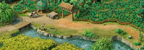 View of Alafid in a small village with river and bridge,Watermelon field, pc screenshot, jungle setting, jungle setting, ingame image, game screenshot, in game graphic, isometric game asset, background jungle, game environment, jungle clearing, detailed sc...