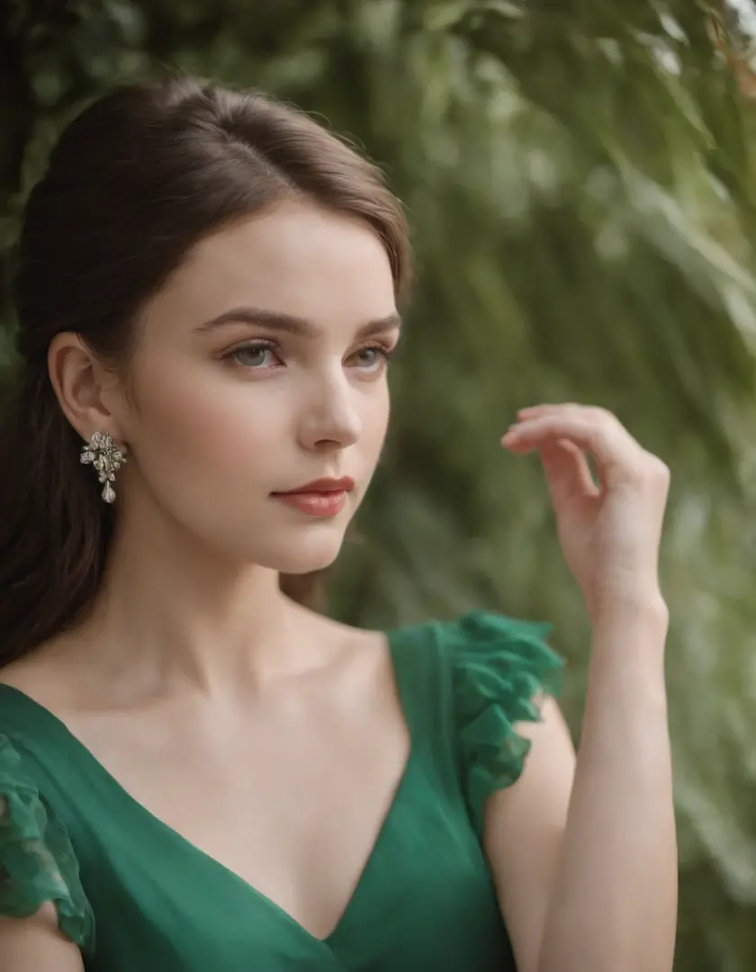 a young woman in a green dress wearing earrings, in the style of uhd image, wollensak 127mm f/4.7 ektar, translucent color, groovy, associated press photo, bold fashion photography, flickr