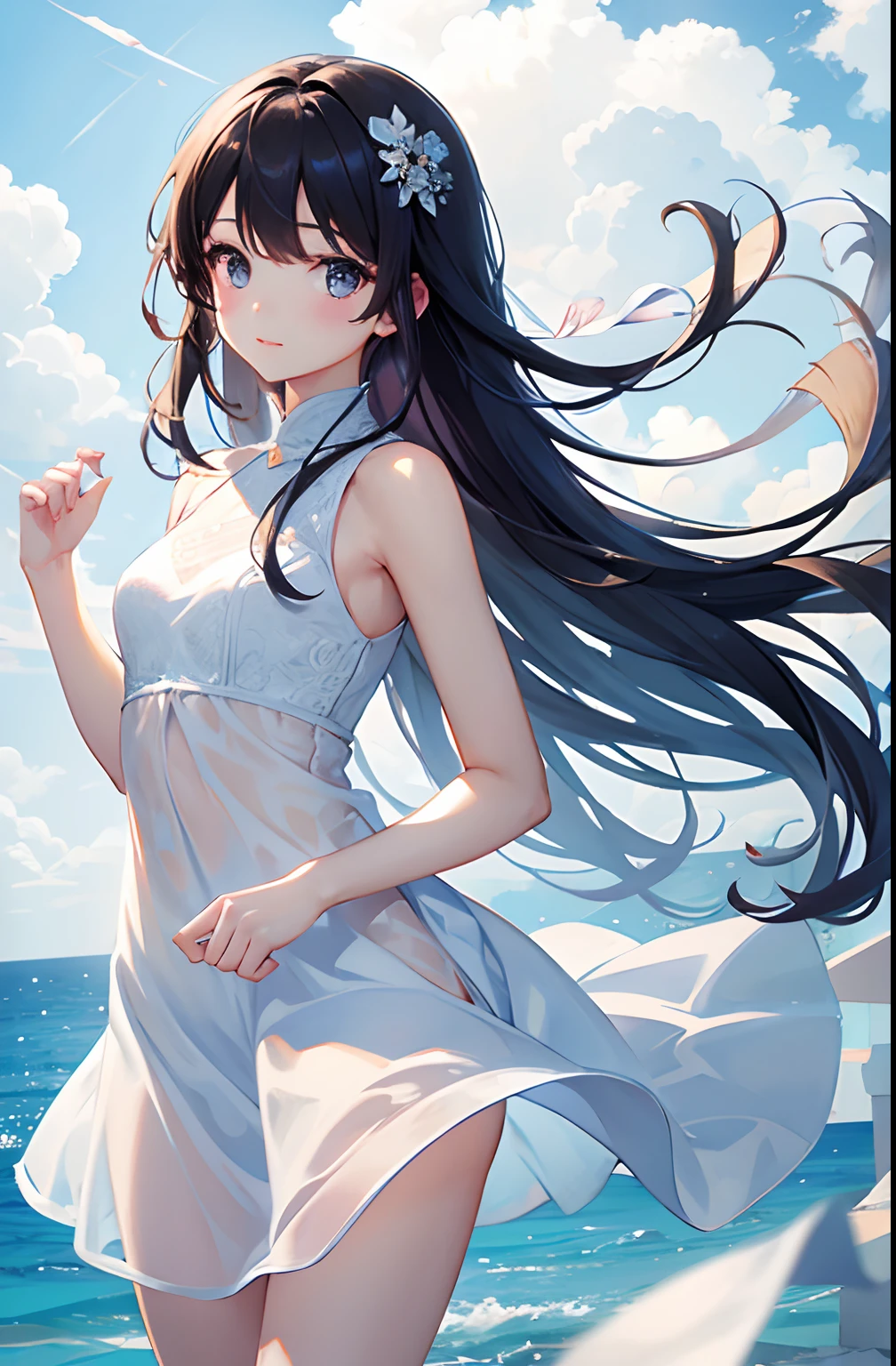 Anime girl in a white dress running on the beach - SeaArt AI