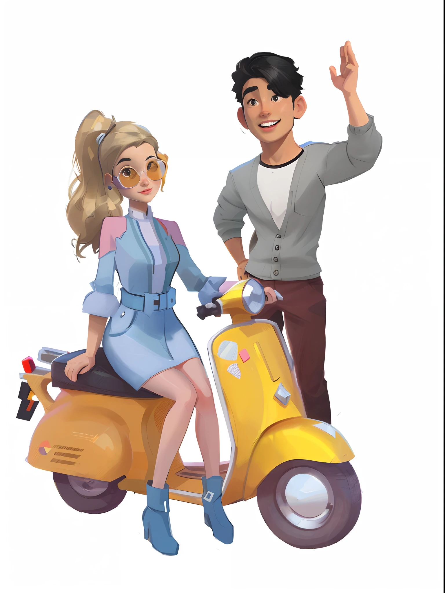 Illustration de bande dessinée d'un homme et d'une femme chevauchant  un scooter - SeaArt AI