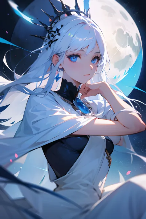 Beautiful Queen of the Moon, well-formed face, blue eyes, white hair.