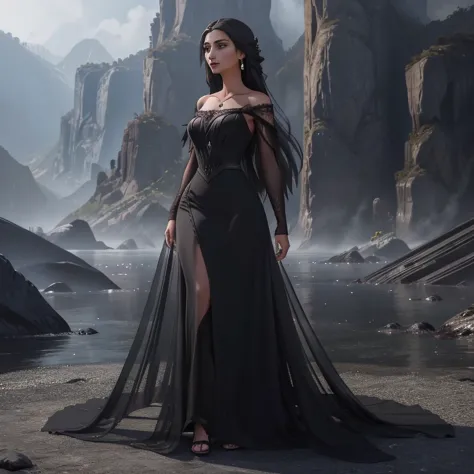 there is a woman in a black dress standing on a rock, garota anime usando um vestido preto, fantasy style clothing, vestido long...