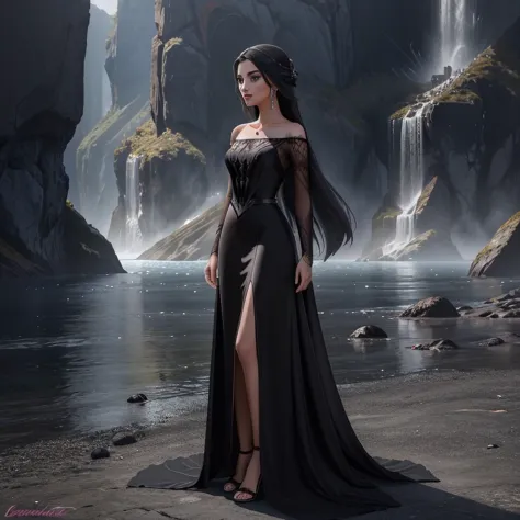 there is a woman in a black dress standing on a rock, garota anime usando um vestido preto, fantasy style clothing, vestido long...