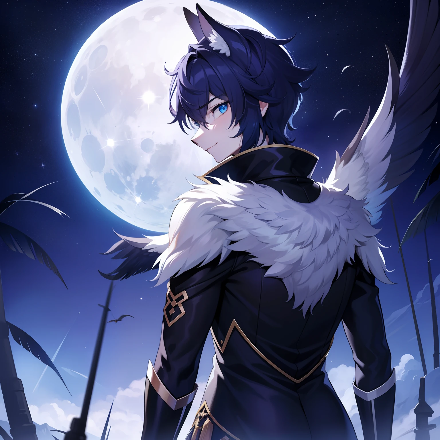 （tmasterpiece）（Best Picture Quality）Moon Night，Back Shadow，Turn Back，Clear the face，blue color eyes，hawk，young  male，Animal，army suit，Moon background，Fill light，furry