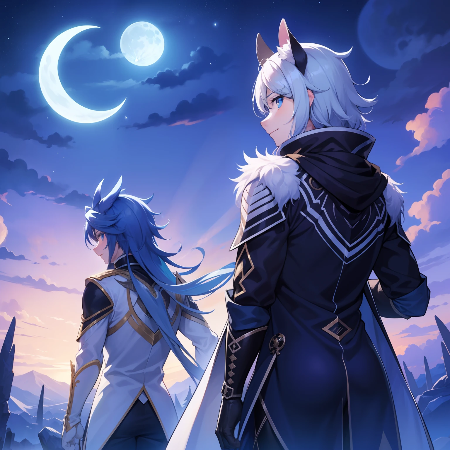 （tmasterpiece）（Best Picture Quality）Moon Night，Back Shadow，Turn Back，Clear the face，blue color eyes，hawk，young  male，Animal，army suit，Moon background，Fill light，furry