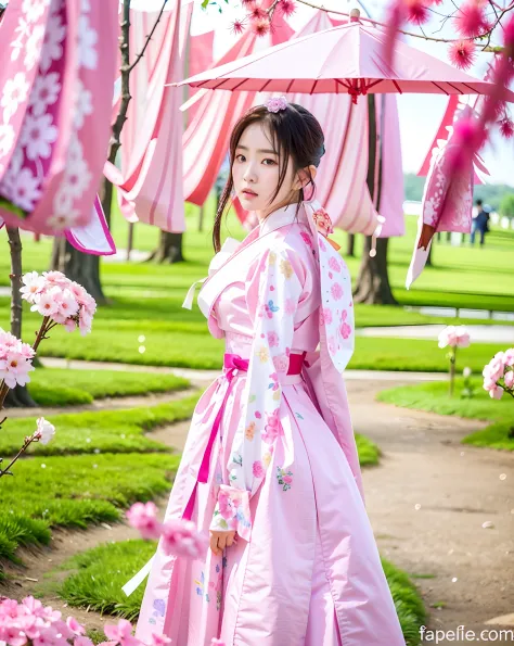 there is a woman in a pink dress standing in a field, hanbok, korean hanbok, white hanfu, palace ， a girl in hanfu, hanfu, tradi...