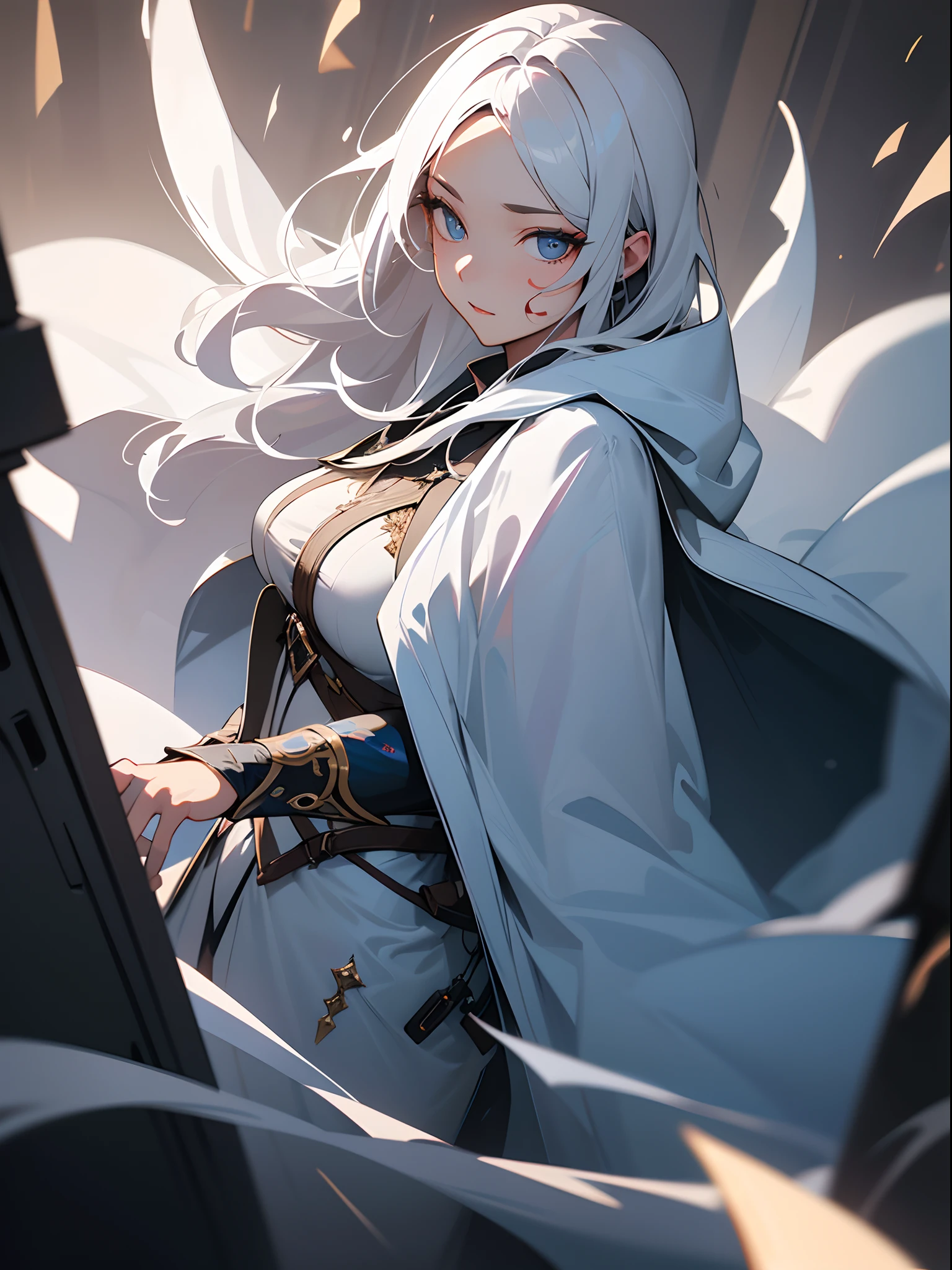 ((Best Quality)),((Beautifully painted)),((Highly detailed)),((Professional Lighting)),((Dynamic angles)),1girl in,White cloak